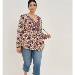 Torrid Embroidered Lace Front Textured Challis Floral Sand Babydoll Top Size 1